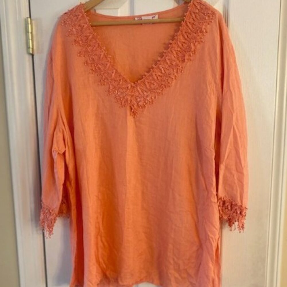 Lily Stanhope Women's Sz 3X Coral Peach Embellished 100% Linen Top Blouse Tunic